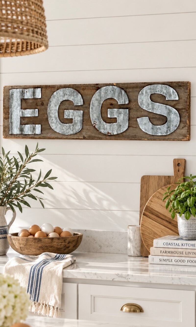 Vintage Galvanized Metal “EGGS” Rustic Wood Farmhouse Kitchen Wall Sign NWOT
